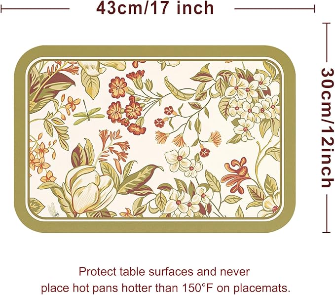 ISAENNE Grey Green Placemats Set of 6,Rectangular PVC Placemats, Waterproof and Heat-Resistant Botanical Floral Pattern,Decoration for Kitchen,Dinning,Parties, Holiday,12"*17"