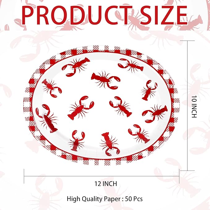 Grencian 50Pcs Crawfish Boil Oval Paper Plates 10" X 12" Disposable Red Grid Pattern Crawfish Party Plates Crawfish Tableware for Lobster BBQ Gathering Picnic Cookout Carnival Birthday Decorations