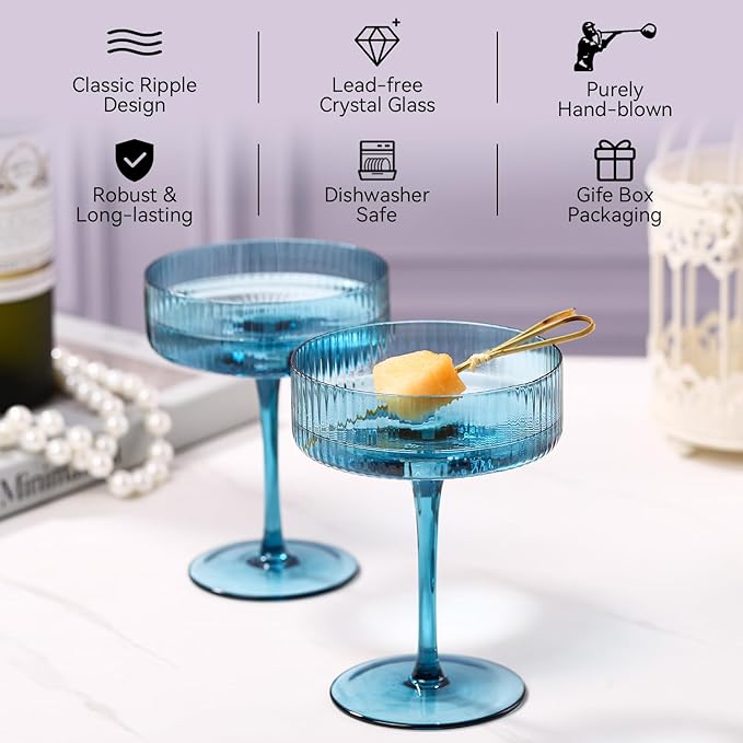 Blue 9 oz Vintage Art Deco Coupe Glasses Set of 6 Ribbed martini Glasses |Vintage Cocktail Glasses Set,Unique Colored Coupe Glass, Classic Cocktail Glassware