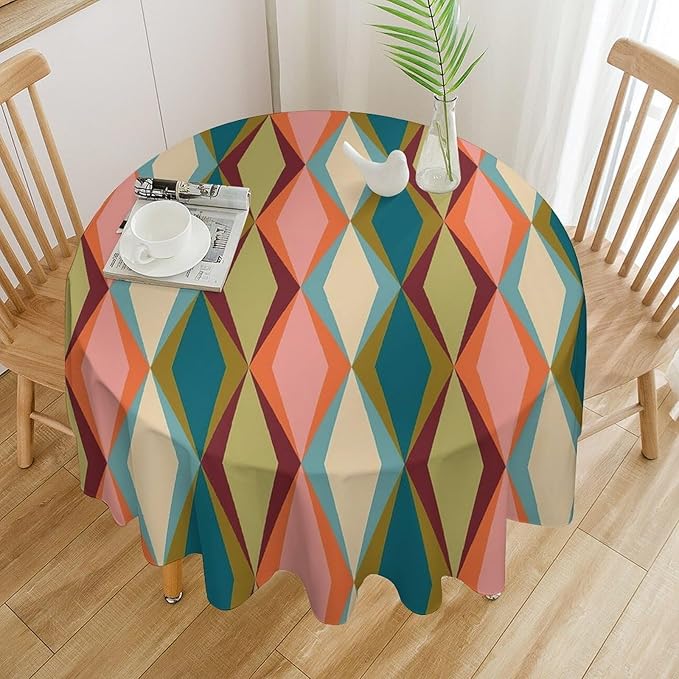 Abstract Geometric Boho Round Tablecloth, Retro Modern Mid Century Tablecloth for Home Party Dining Room Kitchen Decor 60Inch(152cm)