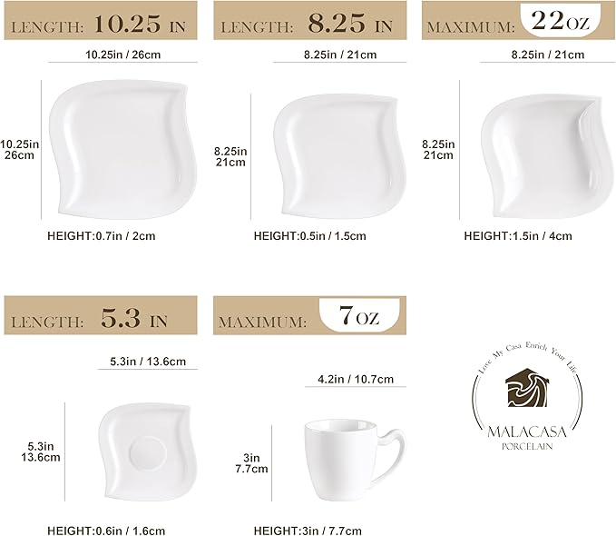 MALACASA Ivory White Dinnerware Set, 30-Piece Porcelain Dishes Dinnerware Sets, Dinner Set with Plates and Bowls, Cups and Saucers Set, Dishes Set Tableware, Dinnerware Set for 6, Series Elvira