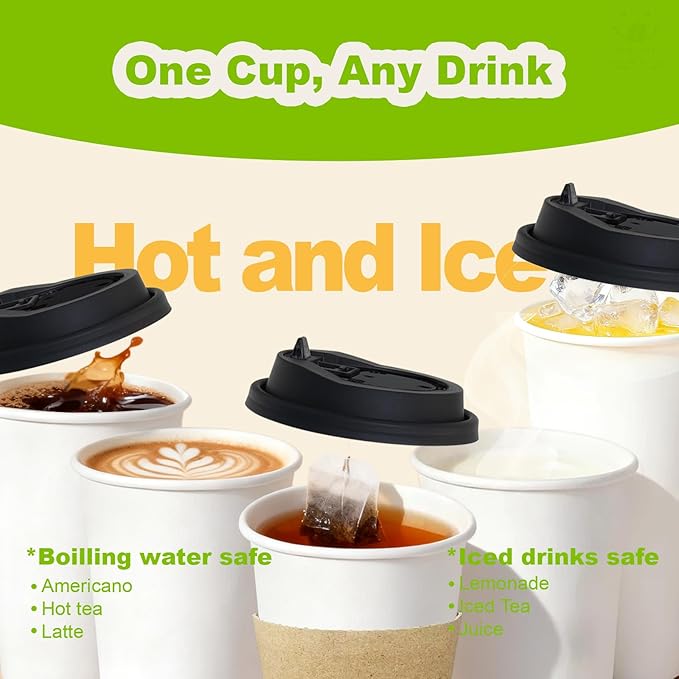 100 Pack 16 oz Disposable Coffee Cups with Lids and Sleeves, To Go Coffee Cups with Lids, Leak-Proof Hot Coffee Cups, PLA White Paper Coffee Cups for Hot Beverage
