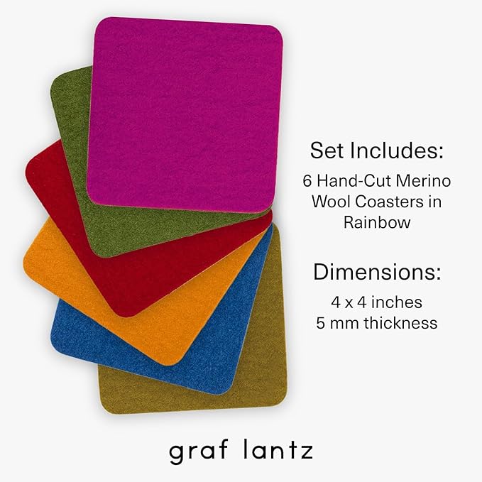 Graf Lantz - Bierfilzl Merino Wool Square Coasters Set of 6 - Rainbow (4"x4"x5mm) - Absorbs 30% of Weight, Natural German Wool - Heat Resistant, Sustainable, Reusable - Home Decor & Coffee Table Decor