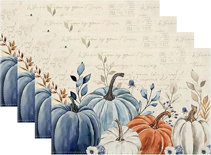 Fall Placemats 12x18 Inches Set of 4,Orange Blue Pumpkin Decorative Rectangle Autumn Thanksgiving Pumpkin Table Mats for Party, Home Kitchen,Dining Table Decoration