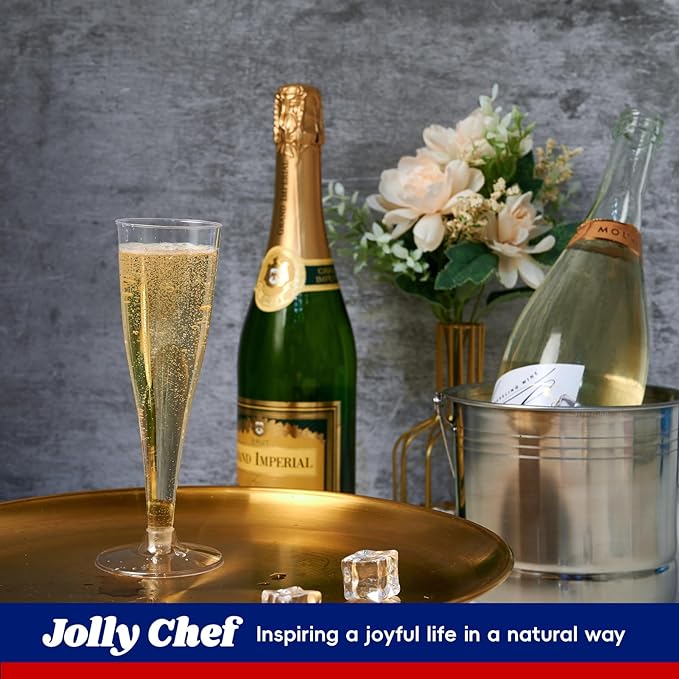 JOLLY CHEF 50 Pack Plastic Champagne Flutes Disposable 4.5 oz Clear Plastic Champagne Glasses Suitable for Wedding, Thanksgiving Day, Christmas
