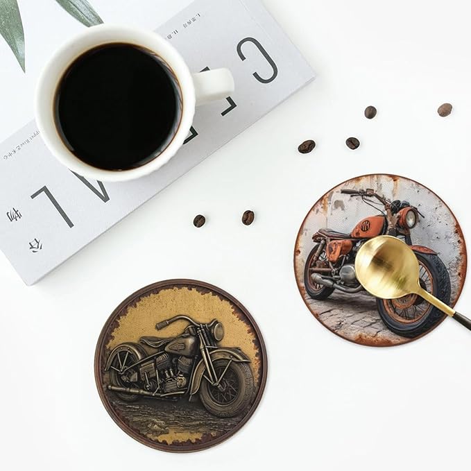 Retro Motorcycle Coasters for Drinks with Holder Round Leather Coasters Set of 6 Cups Mugs Mat Pad for Home Kitchen Bar