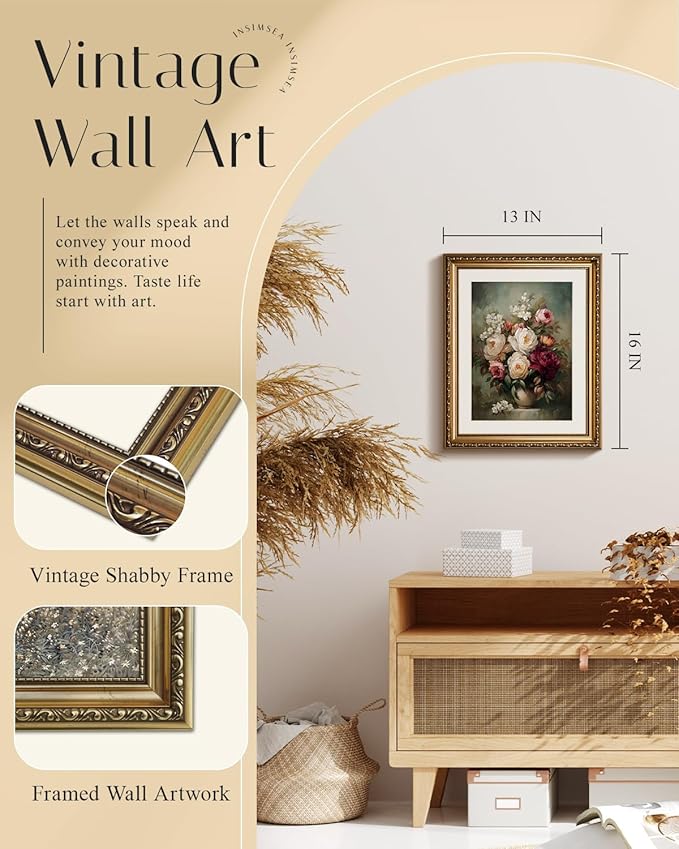 InSimSea Gold Picture Framed Wall Art, Living Room Vintage Moody Flower in Vase Wall Decor, Still Life Floral Canvas Print Art, Home Farmhouse Decor, Antique Paintings with Frame 13x16inch