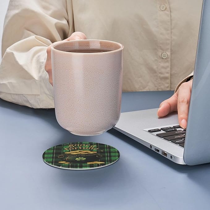 Lucky Coasters for Drinks with Holder Round Leather Coasters Set of 6 Cups Mugs Mat Pad for Home Kitchen Bar