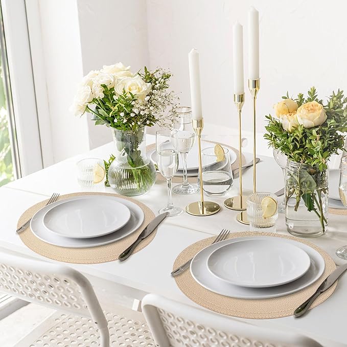 Set of 6 Faux Leather Gold Round Placemats and Coasters, Coffee Mats Kitchen Table Mats, Waterproof, Easy to Clean for Kitchen Dining Round Table