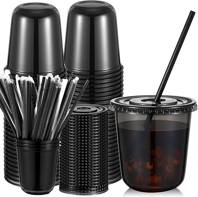 50 Sets Clear Plastic Cups with Lids and Straws, Disposable Iced Coffee Cups Drinking PET for Cold Drinks, Juice, Smoothie, Coffee Shops, Party, Christmas (Black,12 oz)