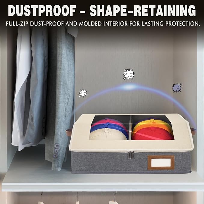 2-in-1 Hat Organizer for Baseball Caps Holds 48-60 Caps Hat Storage with Adjustable Divider Stackable Hats Holder for Closet with Clear lid Cowboy Hat Box for Men Women 2 PCS Beige and Grey