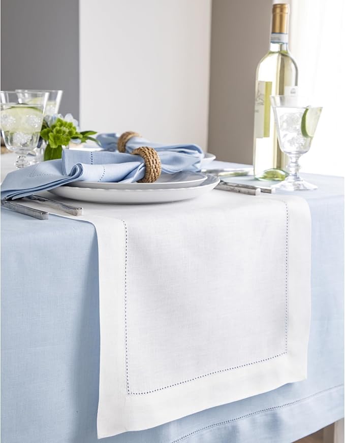 Solino Home Linen White Table Runner 36 Inches - Classic Hemstitch, 100% Pure Linen Coffee Table Runner 14 x 36 Inch Ideal for Dresser Tables - Winter, Valentines, Spring, Easter