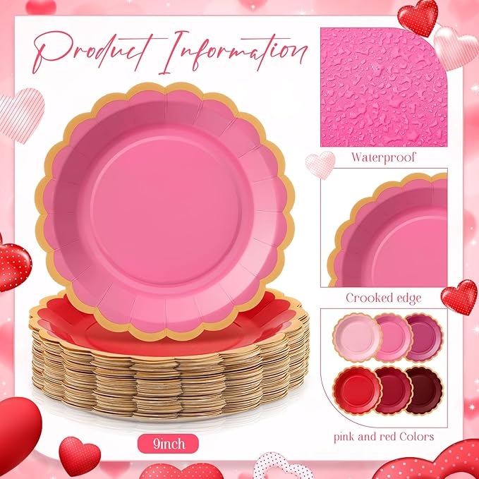 48 Pcs Valentine's Day Paper Plates 9 Inch Gradient Red Pink Scalloped Paper Plates Disposable Dinner Dessert for Valentine Anniversary Birthday Wedding Party Supplies, 6 Colors