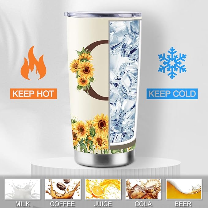 Sunflower Gifts for Women - Personalized Christmas Gifts for Women - Birthday Gift for Woman - Mothers Day Gift for Mom - Monogrammed, Initial 20oz Travel Cup Insulated Tumbler with Lid, G