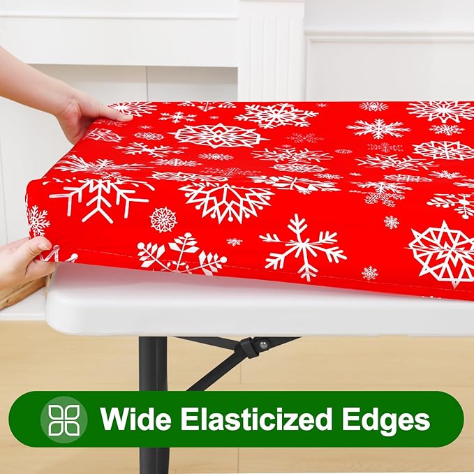 Smiry Plastic Christmas Tablecloth, Snowflake Waterproof Elastic Fitted Table Covers, Wipeable Flannel Backed Vinyl Tablecloths for Christmas Dinner, and New Year Celebration (Red, 30x96 Inches)