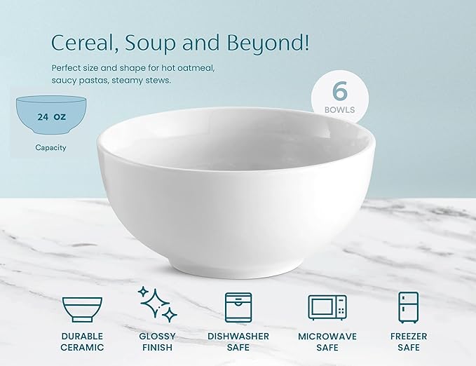 KooK Ceramic Cereal Bowls, Microwave, Dishwasher and Freezer Safe, Porcelain Dishes for Soup, Pasta, Salad, Oatmeal, Deep Interior, 24 oz, Set of 6, Marshmallow White