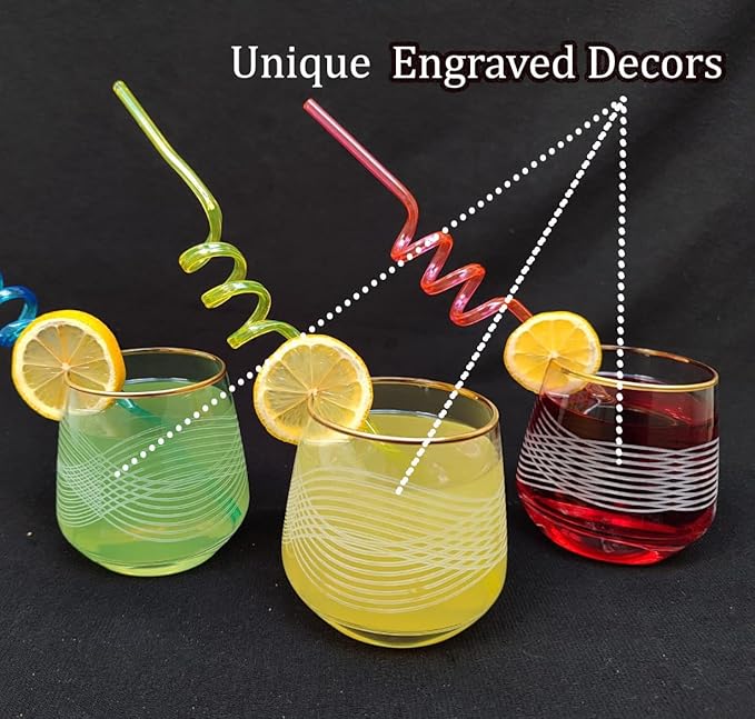 Gold Rim Cocktail Wine Whiskey Drinking Glasses Set of 6 Glassware Rimmed Trim Crystal Cups Juice Water Drinkware Drinks Bar Fancy Party Wedding (Gold3)