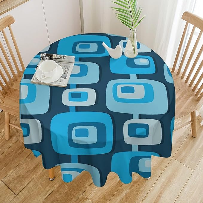 Mid Century Boho Round Tablecloth, Blue Mid Century Modern Art Abstract Geometric Pattern Retro Vintage Style Tablecloth for Home Party Dining Room Kitchen Decor 36Inch(90cm)