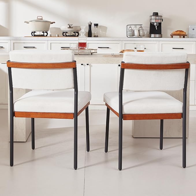Modern Dining Chairs Set of 2,Kitchen Chairs with Thick Cushions and Adjustable Foot Pads, Upholstered Fabric Dining Room Chairs with Sturdy Metal Legs,White