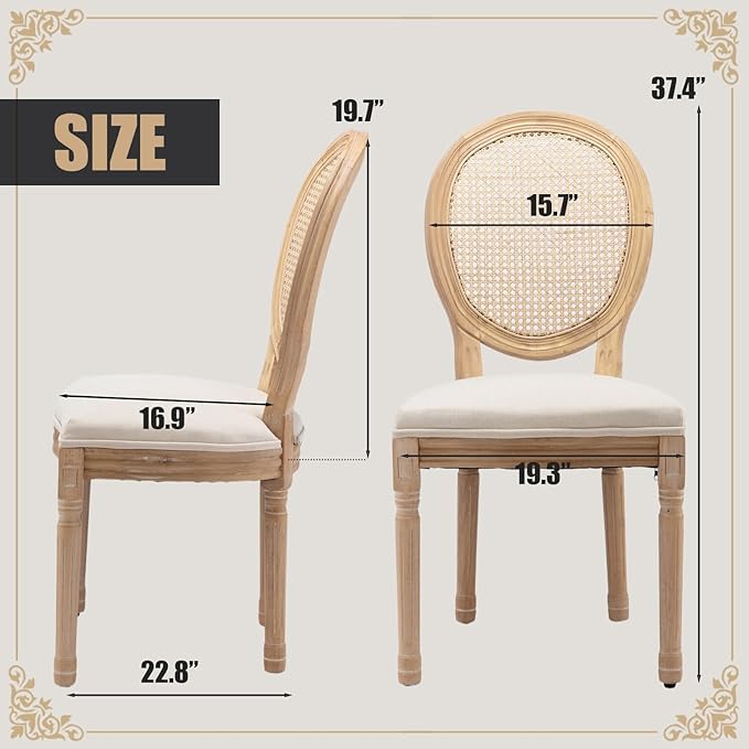 SoarFlash French Dining Chairs Set of 4, Vantage Dining Chair with Round Back, Farmhouse Country Rattan Dining Chair for Kitchen,Bedroom,Beige