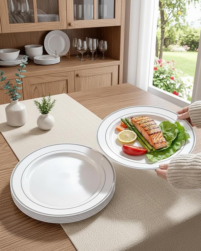 bUCLA 100Pieces Silver Plastic Plates - 10.25inch Silver Rim Disposable Dinner Plates - Ideal for Weddings, Parties