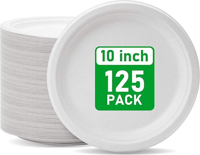 RACETOP 10 Inch [125 Pack] Paper Plates, Compostable Paper Plate, Disposable White Bagasse Plate, Heavy-Duty Biodegradable Plates, Eco-Friendly, Made of Natural Sugarcane Fibers