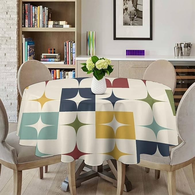 Middle Century Modern Round Tablecloth, Retro Mid Century Geometry Abstract Bohemia Tablecloth for Home Party Dining Room Kitchen Decor 50Inch(127cm)