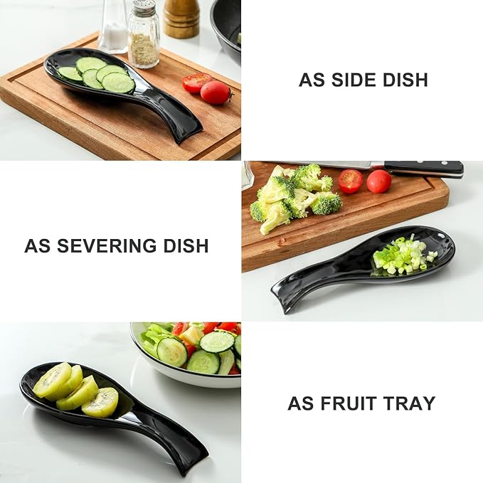 Ceramic Spoon Rest for Stove Top,Large 8.7 Inch Spoon Holder for Kitchen Counter,Porcelain Utensil Rest for Thankgiving and Christmas Gift,Dishwasher Safe and Heat-Resistant,Black(1 PC)
