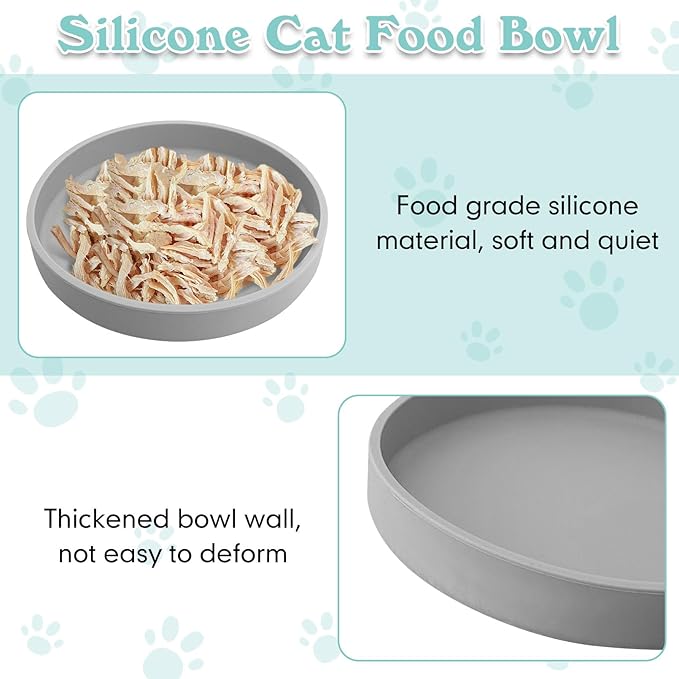 Silicone Cat Food Bowls Shallow Cat Dishes 5.9in Wide Pet Plates Set of 2 Small Flat Dog Saucer Bowl Cute Whisker Fatigue Kitten Feeding Dish for Dry & Wet Food (Round Grey)