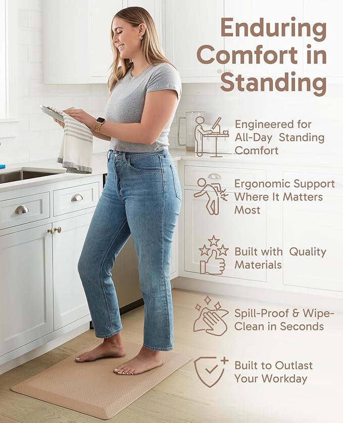 Ophanie Kitchen Mats for Floor, 3/4 inch Thick, 20x32 Anti Fatigue Christmas Cushioned Mat, Kitchen Rug, Waterproof, Comfort Ergonomic Standing Mat for Office, Home, Sink, Beige Non-Slip Ridged Bottom