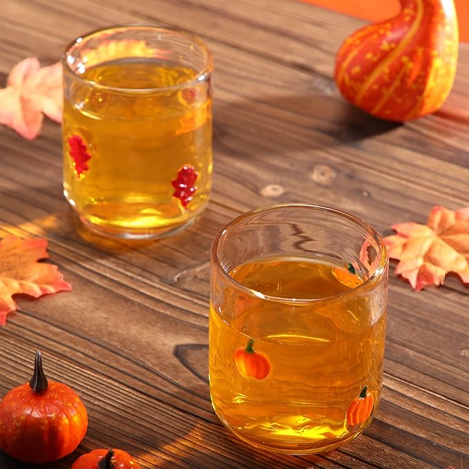 Icon Juice Glasses, 14oz Stemless Wine Drinking Juice Glass Cup for Valentine Party Supplies Gift(2 Pcs,Maple Leaf & Pumpkin)