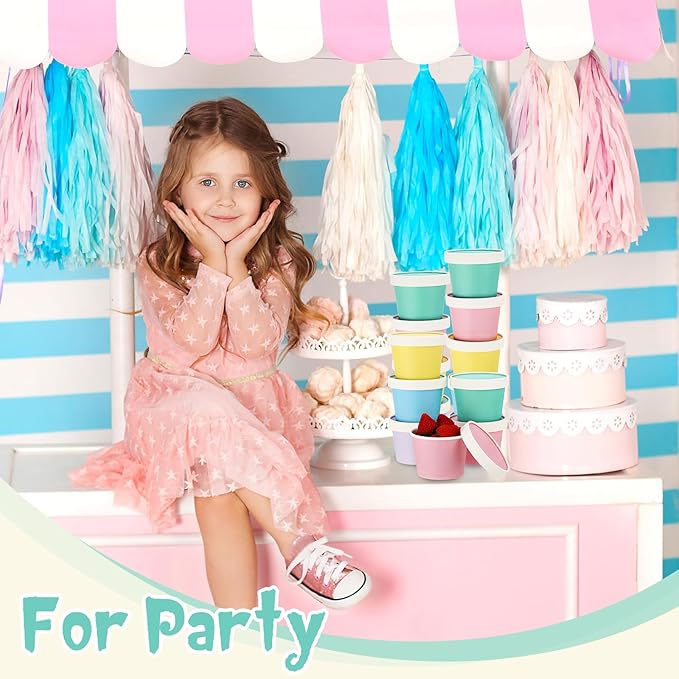 Fulmoon 100 Pack Paper Soup Containers with Lids Disposable Paper Food Containers with Vented Lid Kraft Ice Cream Cake Dessert Cups Soup Bowl for Party Hot Food Fruit Microwave(8 oz,Multi Colors)