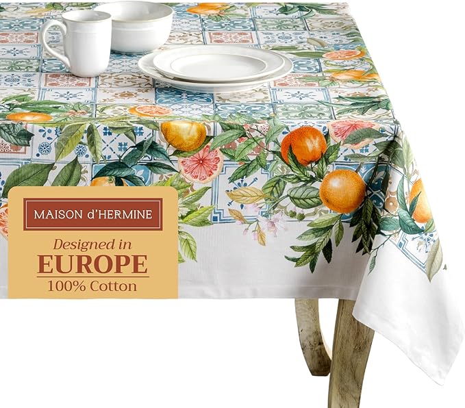 Maison d' Hermine Table Cloth Rectangle Table 100% Cotton 60 x 108 Inches Tablecloth Reusable Decorative for Dining Room Farmhouse Home Valentines Day Decorations Spring Summer - Agrume