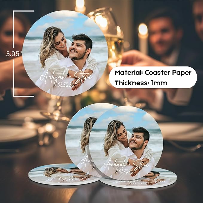 Custom Coasters – Personalized Wedding Coasters for Drinks with Logo or Photo – Reusable Customized Full Color Print Drink Coaster for Weddings, Parties & Events (25, 50, 100 Pack) – Queen of Cards