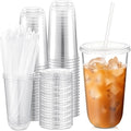 50 Sets Clear Plastic Cups with Lids and Straws, Disposable Iced Coffee Cups Drinking PET for Cold Drinks, Juice, Smoothie, Coffee Shops, Party, Christmas(Clear,18 oz)