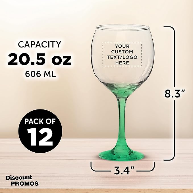 Custom Premiere Wedding Wine Glasses 20.5 oz Set of 12, Personalized Bulk Pack - Restaurant Glassware, Perfect for Red Wine or White Wine - Green