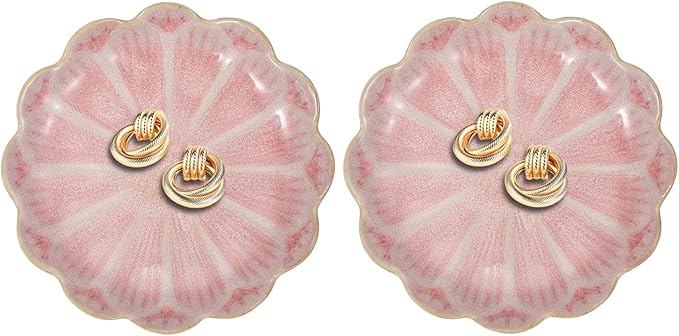 uxcell 2Pcs Ceramics Jewelry Plate, Sunflower Shape Key Holder Bowl for Entryway Table Decor Small Ring Tray Dish Gift for Women Girlfriend, Pink