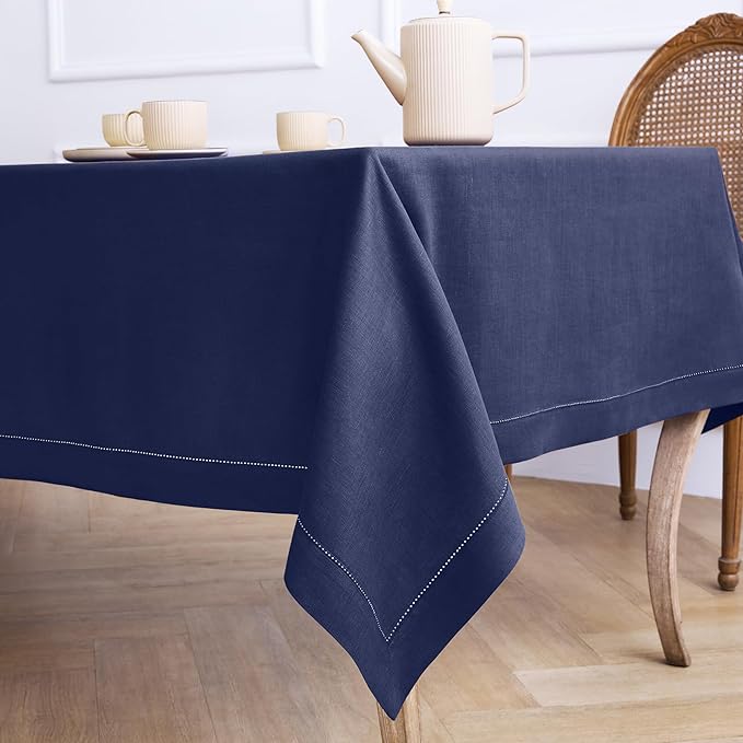 Solino Home Navy Blue Linen Tablecloth 60 x 120 Inch - 100% Pure Linen Hemstitch Table Cloth for Rectangle Tables - Classic Hemstitch, Machine Washable Tablecloth for Winter, Easter