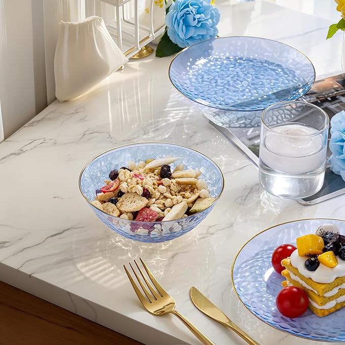 I00000 50 Pack 12 Ounce Blue Plastic Bowls Hammered Clear Bowl with Gold Rimmed, Heavy Duty Disposable Bowl Set,Elegant Small Bowls for Party, Weddings, Catering