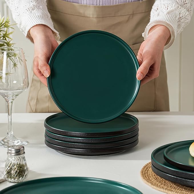 Stoneware Dinner Plates Set of 4, 10.25 Inch Plates for Steak, Pasta, Ceramic Plates Sets, Microwave Safe, Dishwasher Safe, Versatile for All Seasons, Matte Green