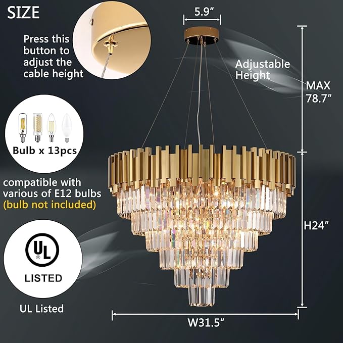 Modern Crystal Chandelier for Living Dining Room Entryway Gold Round W31.5