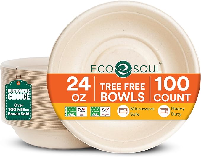 ECO SOUL 100% Compostable 24 Oz Soup Bowls [100-Pack] Disposable Sturdy Bowls I Heavy Duty Paper Bowl I Eco-Friendly Salad Bowl I Biodegradable Large