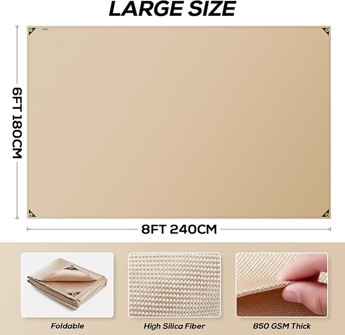 Heavy Duty Fiberglass Welding Blanket, Heat Resistant Blanket with Brass Grommets, Multi-Purpose Welding Mat for Grill, Smoker, Camping, Industrial Use (6x8 ft)