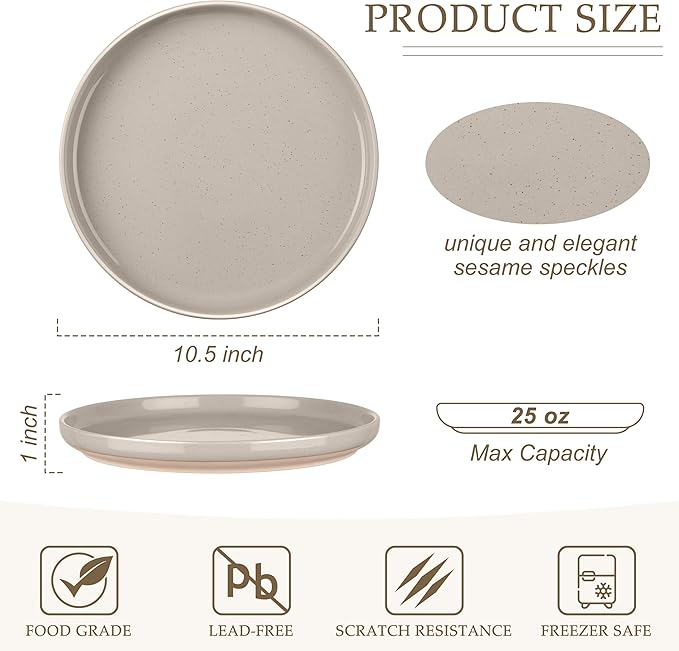 LIANYU Stoneware Dinner Plates Set of 4, 10.5 Inch Porcelain Kitchen Plates, High Edge Flat Dishes Set for Steak, Salad, Dessert, Microwave & Dishwasher & Oven Safe, Scratch Resistant, Milky Brown