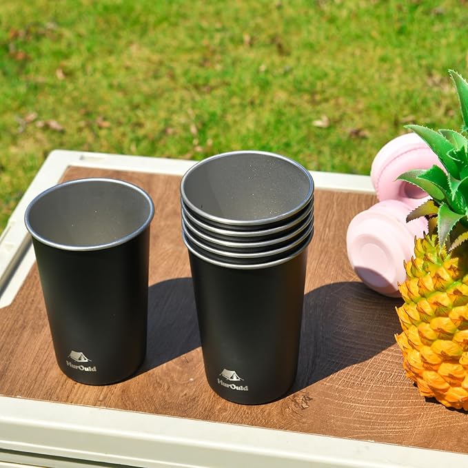 4 Pack Stainless Steel Cups 16oz -Black Stackable Metal Drinking Glasses for Camping, Travel, Shatterproof Tumblers