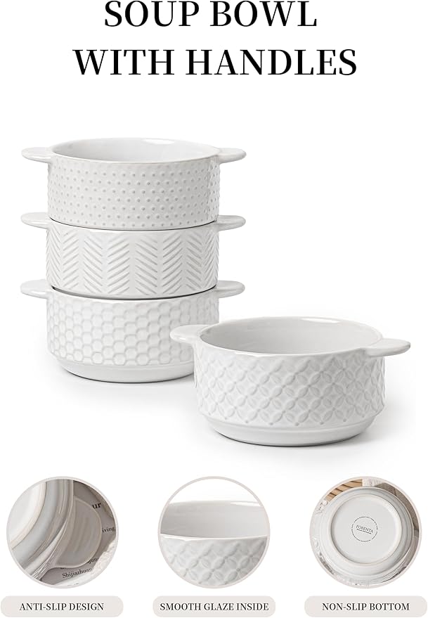 Soup Bowls with Handles, 20oz Embossed Ceramic Bowl Set of 4 – Oven & Microwave Safe, Ideal for Stew, Chili, Cereal – Textured Deep Bowls for Everyday Comfort