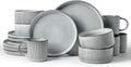 Famiware Star Dinnerware Set with Mugs, Service for 4 (16pcs), Ribbed Stoneware Plates and Bowls Dishes Sets - Chip & Scratch Resistant, Microwave & Dishwasher Safe, Smoky Blue