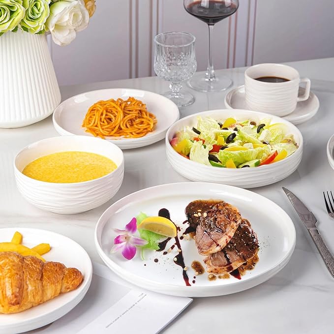 White Dinner Plates Set of 6, 10 Inch Ceramic Ribbed Texture Salad Plates, Kitchen Serving Dishes for Pizza, Steak, Microwave & Dishwasher Safe, Scratch Resistant
