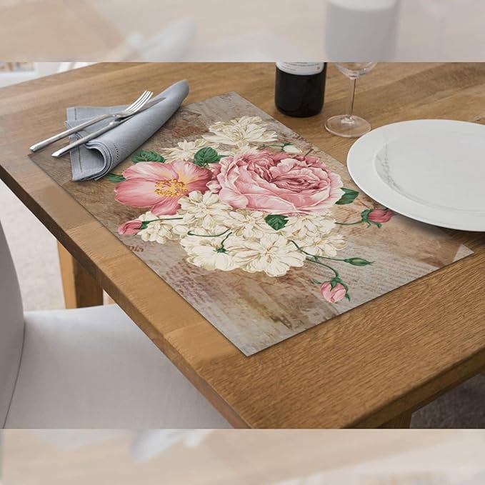 Vintage Rose Placemats Set of 4 Washable Table Place Mats for Dining Kitchen Party Decor