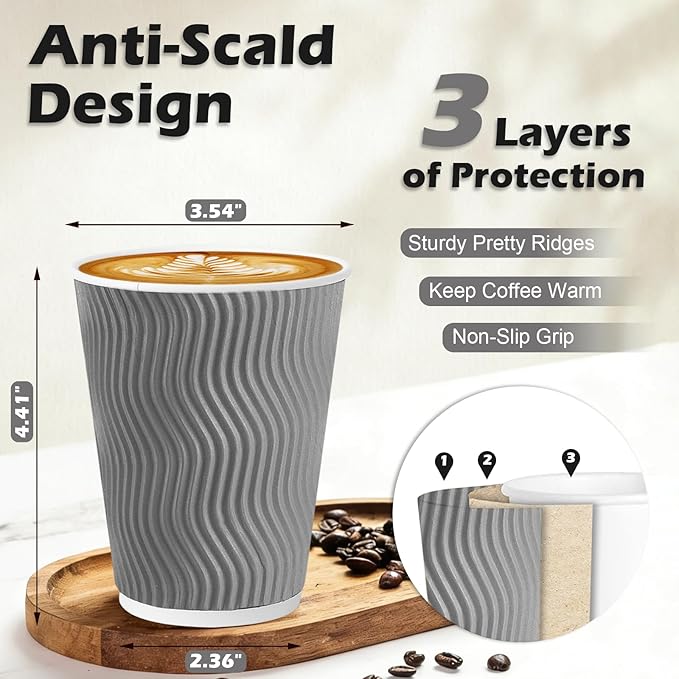500 Pack 12 oz Coffee Cups, Disposable Corrugated Insulated Ripple Wall Paper Coffee Cups 12oz for Hot or Cold Drinks Office Home Cafe Party Travel (Grey)